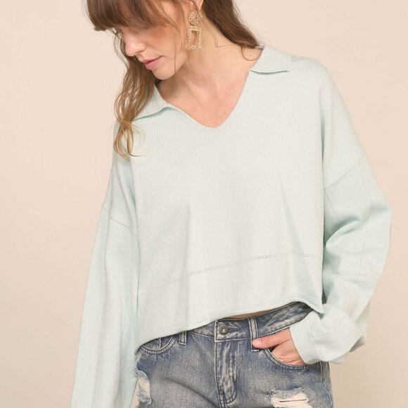 LUMIERE Light Mint Green Collared Pullover Sweatshirt Casual Chic Long Sleeve - Picture 4 of 6